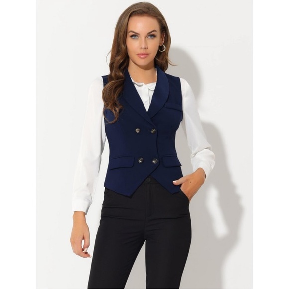 Women's Lapel Collar Dressy Versatile Racerback Waistcoat Suit Vest Dark Blue L - Picture 2 of 5